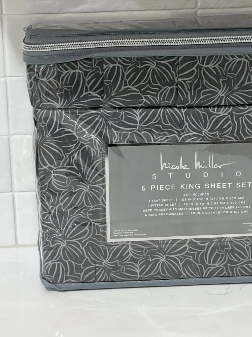 NICOLE MILLER Studio Gray KING Sheet Set 6pc New Linear Floral Tropical Flowers
